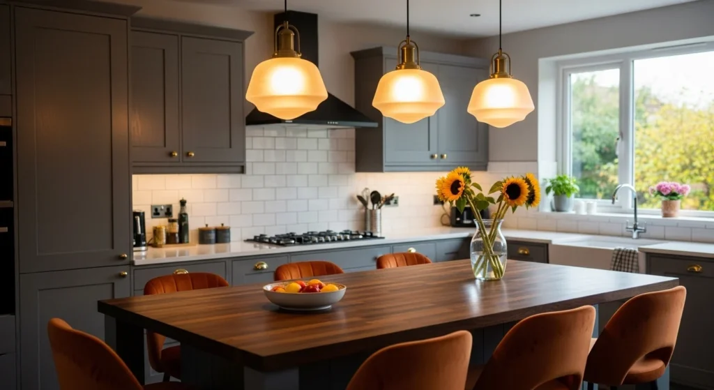 Cozy kitchen island highlighted by large warm pendant lighting fixtures