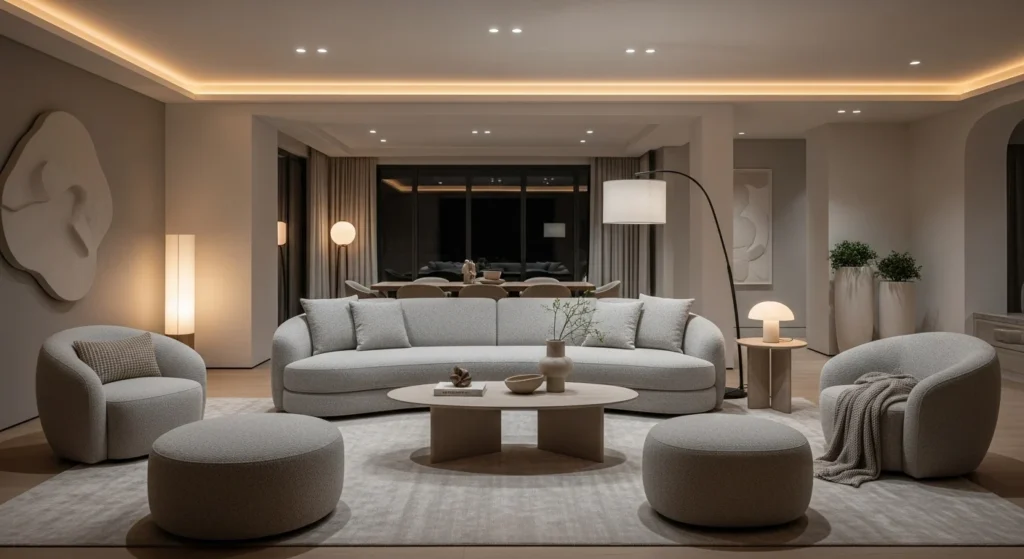 Modern gray living room styled with curved sofa and rounded furniture.