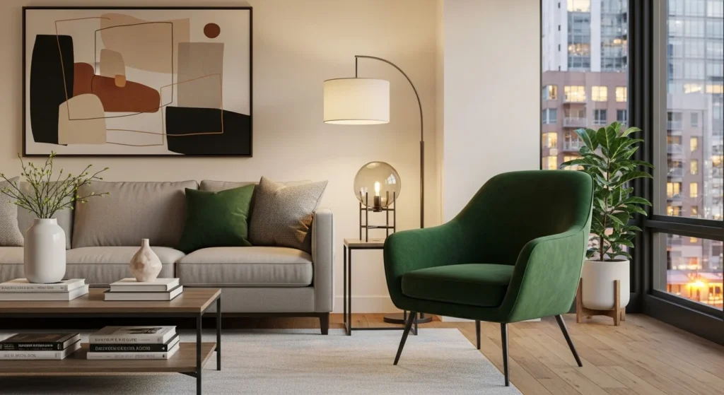 Modern apartment living room featuring accent chair adding personality and seating