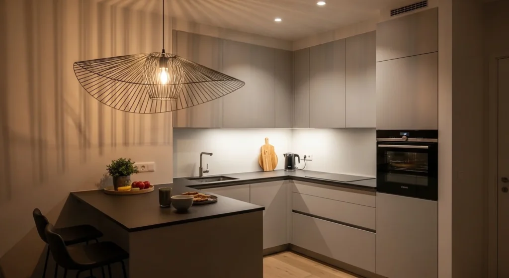 Compact kitchen with bold pendant lighting adding personality and visual focus