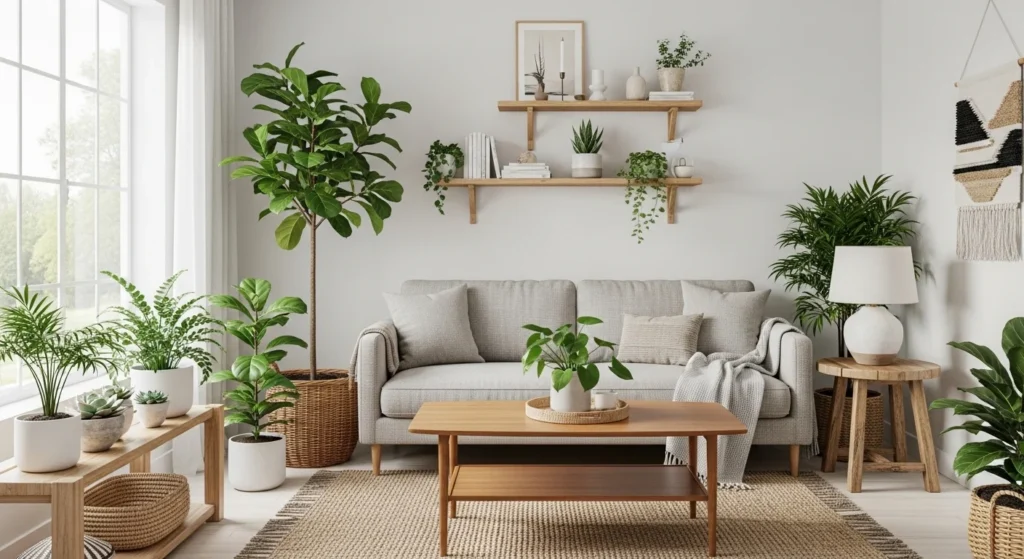 : Small living room styled with plants and wood accents for a warm organic feel