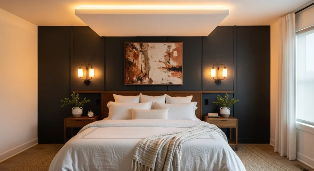 Guest bedroom with dark accent wall and cozy modern lighting