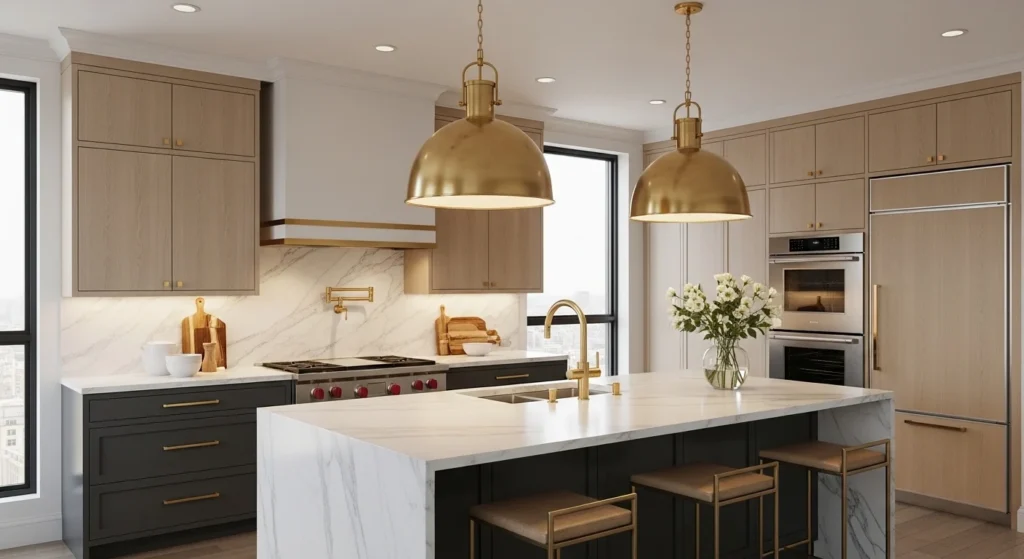 Modern kitchen with brass and metallic accents adding luxury and warmth.