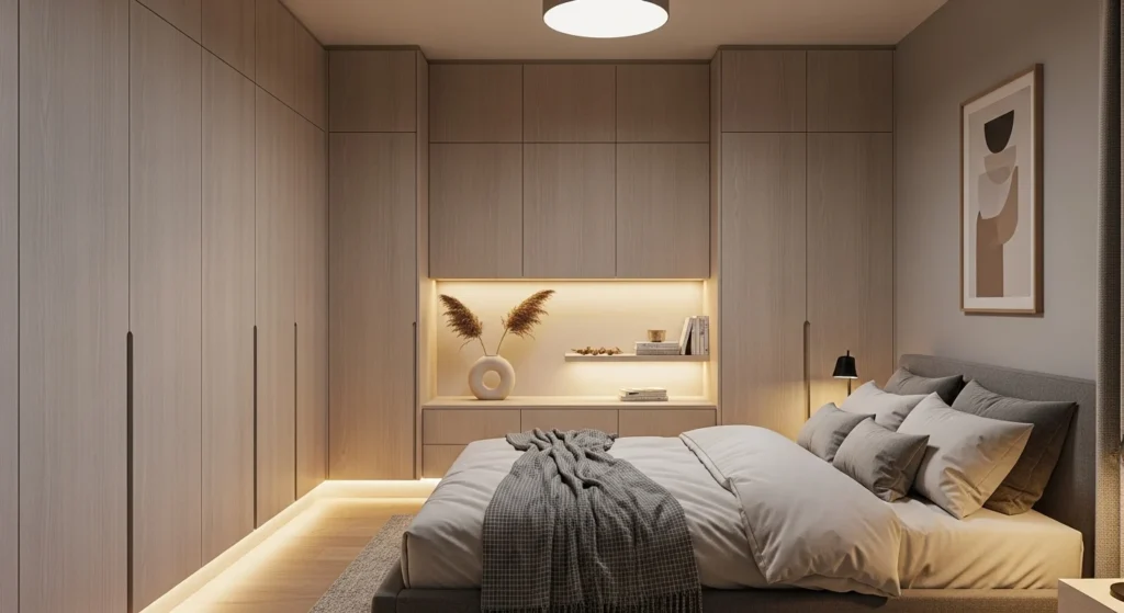Modern cozy bedroom featuring built-in storage cabinets for clean organized look