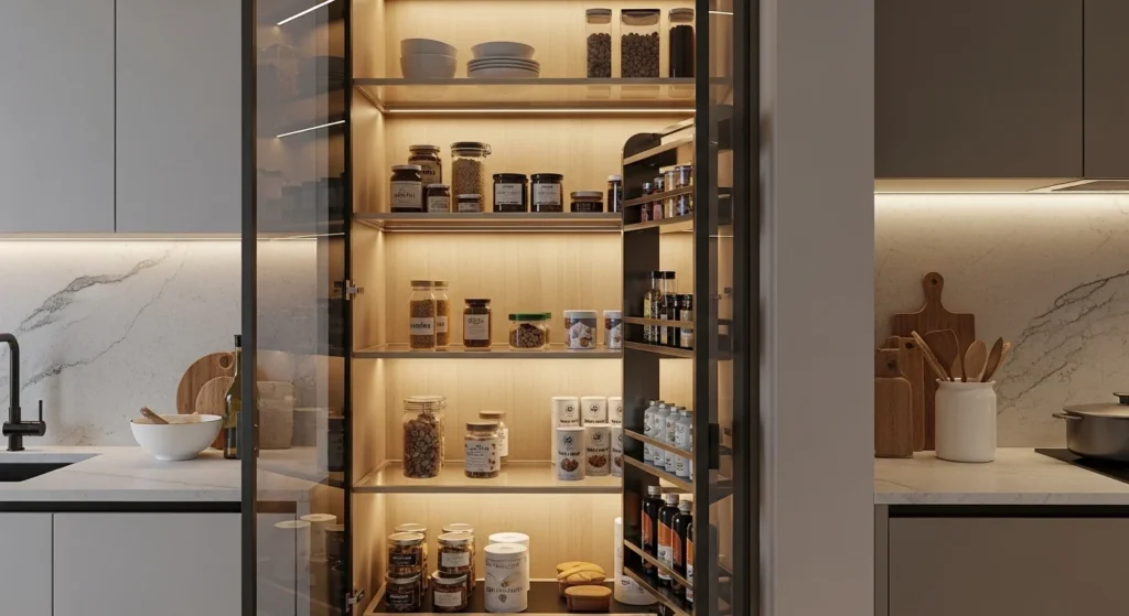 Pantry with glass doors showing neatly organized shelves inside