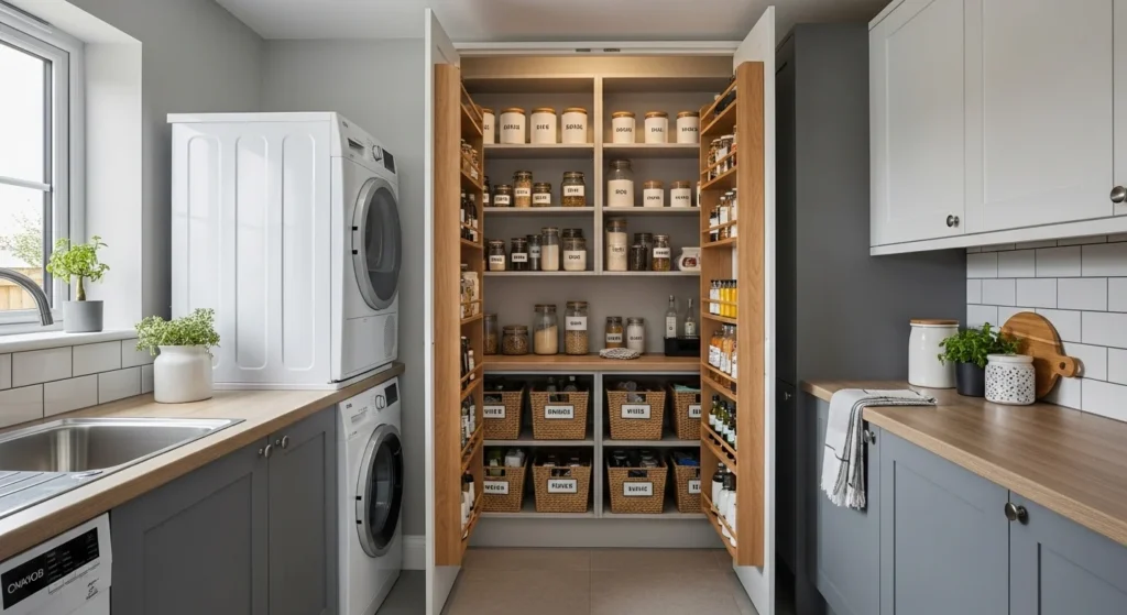 mall pantry integrated into a laundry or utility area with organized shelving