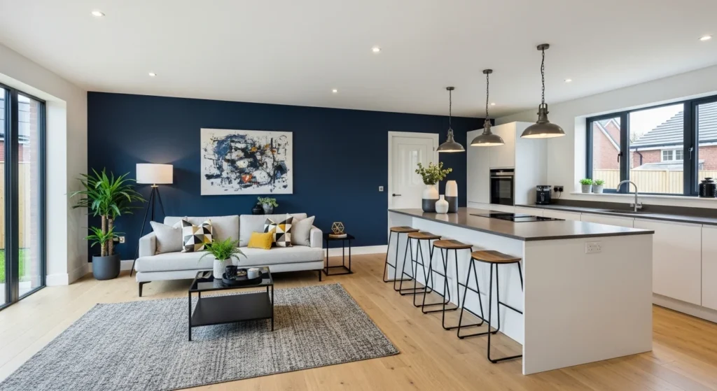 Modern open kitchen living room featuring a bold accent wall behind the seating area