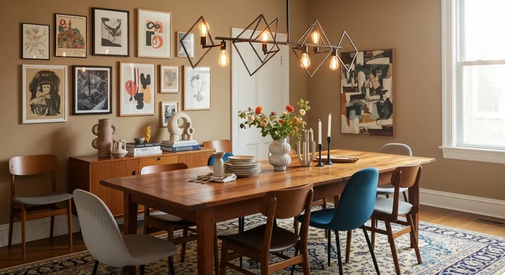 Dining room mixing vintage furniture with modern lighting and decor