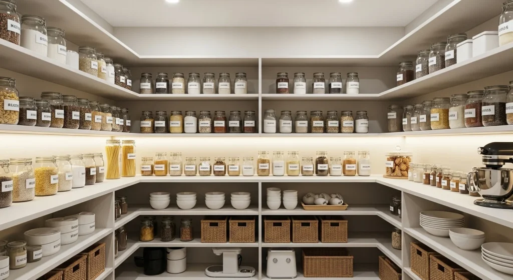 walk-in pantry featuring labeled glass containers for clean organization