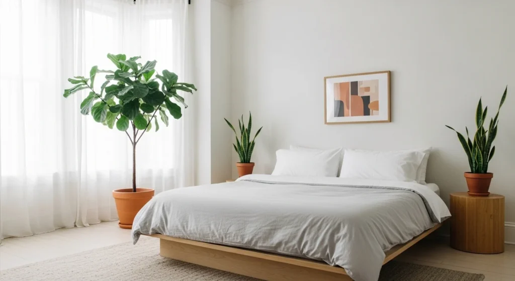 Calm minimalist bedroom decorated with indoor plants and natural light