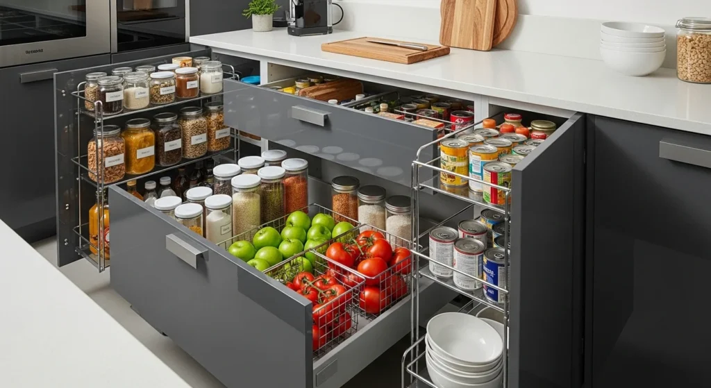 Modern pantry drawers providing easy access to organized food storage