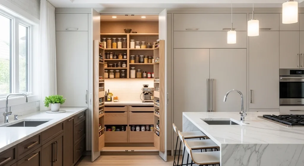 Large hidden pantry with double doors integrated into modern kitchen cabinetry.