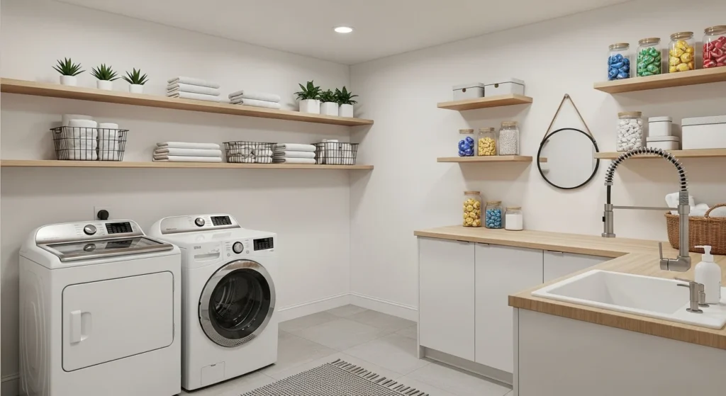 Minimalist laundry room with floating pantry shelves and organized storage