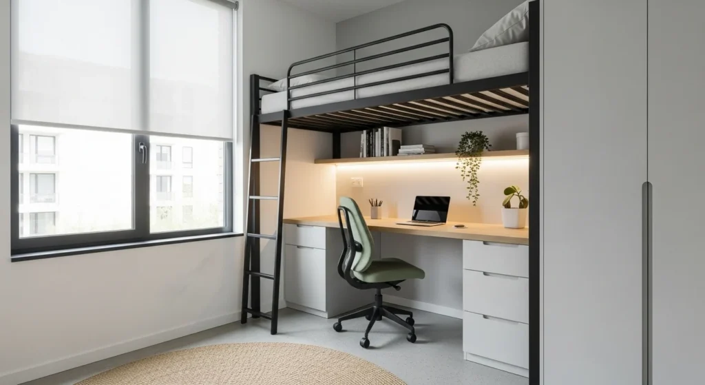 Sleek modern loft bed with clean lines, functional under-bed space, minimalist 2026 interior