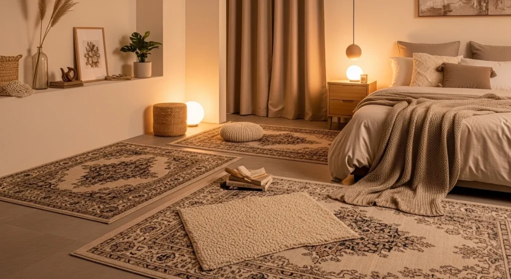 Neutral bedroom styled with layered rugs adding warmth and comfort.