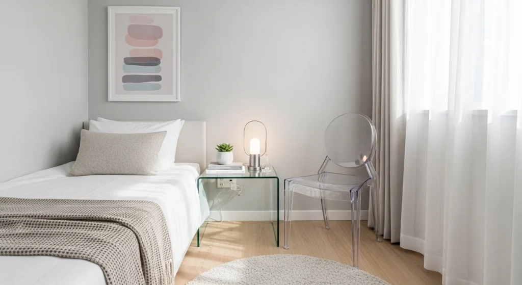 compact bedroom using transparent furniture to maintain open and airy appearance