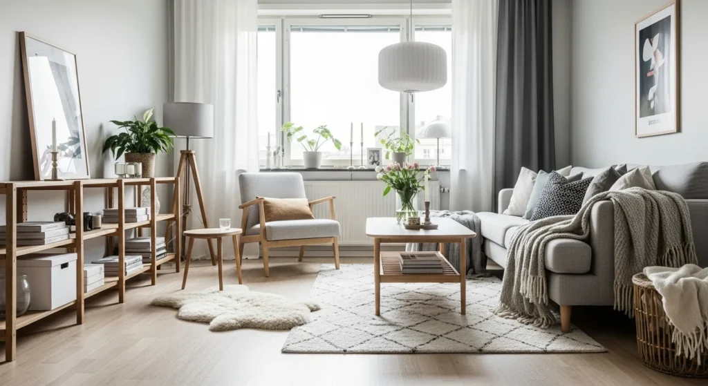 Scandinavian apartment living room with light wood accents, bright natural light, and cozy textures