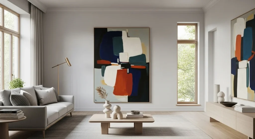 Gray living room featuring modern abstract artwork and minimalist contemporary decor