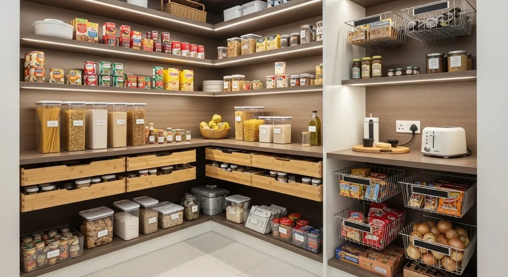 Kitchen food pantry organized for daily use with frequently used items placed at eye level