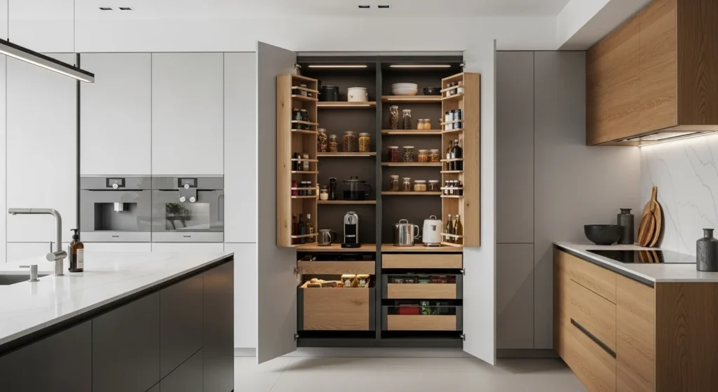 Fully integrated hidden pantry that blends seamlessly into modern kitchen cabinetry