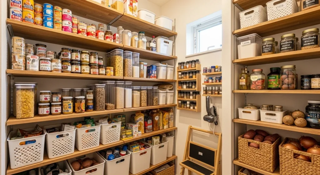 Food storage pantry organized for daily use with frequently accessed items at eye level
