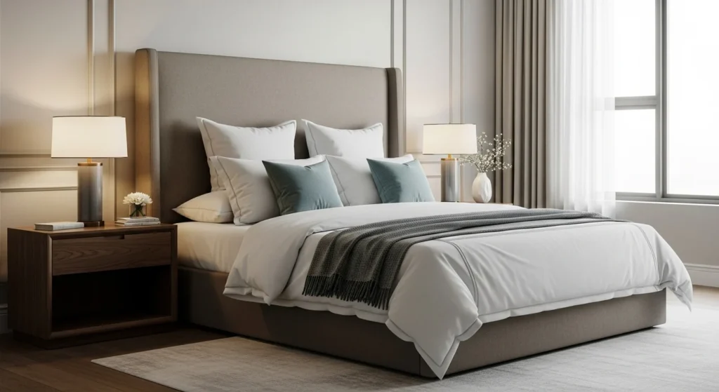 Hotel-style bed with layered bedding and clean lines creating a luxurious bedroom feel