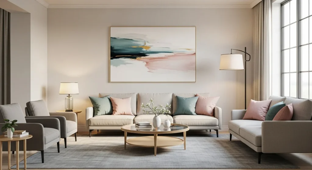 Parlor with soft pastel accents added to a neutral base for subtle color