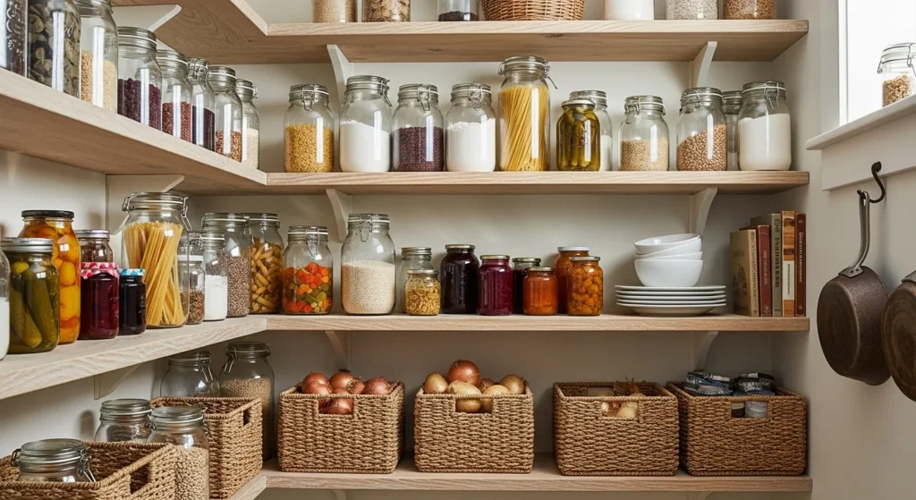 Farmhouse pantry with built-in shelving designed for neat food organization