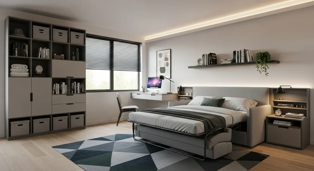 Guest bedroom design with multipurpose furniture for flexible and functional modern living