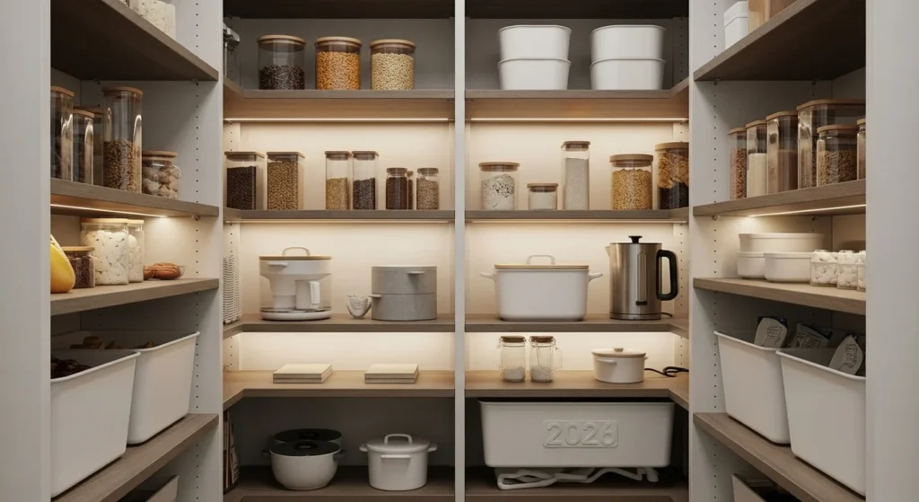 Fully organized narrow walk-in pantry with efficient modern storage system