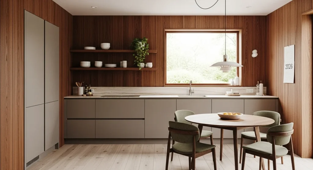 Kitchen with wood-paneled walls and matching cabinets, cozy 2026 interior design