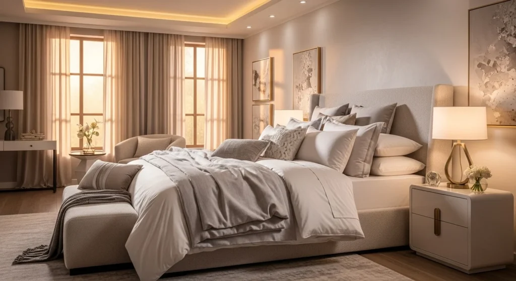 King-size bed with plush bedding, elegant decor, modern cozy 2026 bedroom