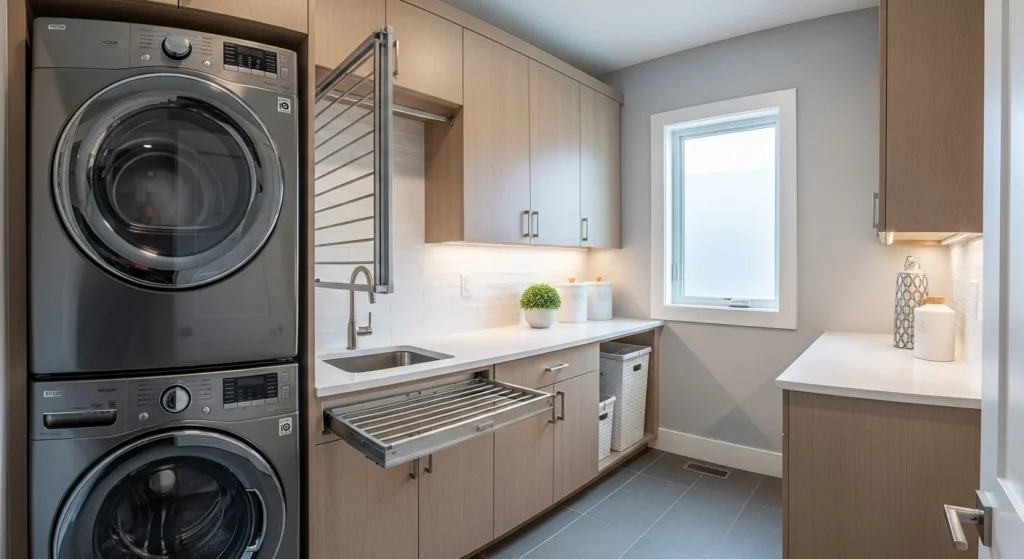 Compact laundry room with stackable washer and dryer, modern 2026 organization