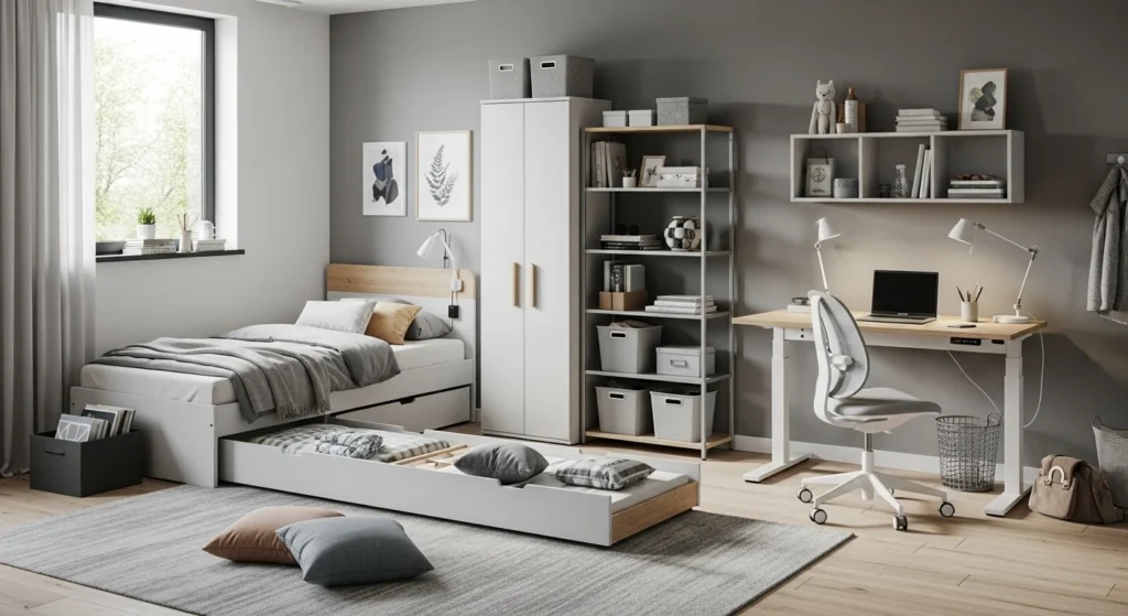 Flexible bedroom layout designed to grow with children from early years to teens