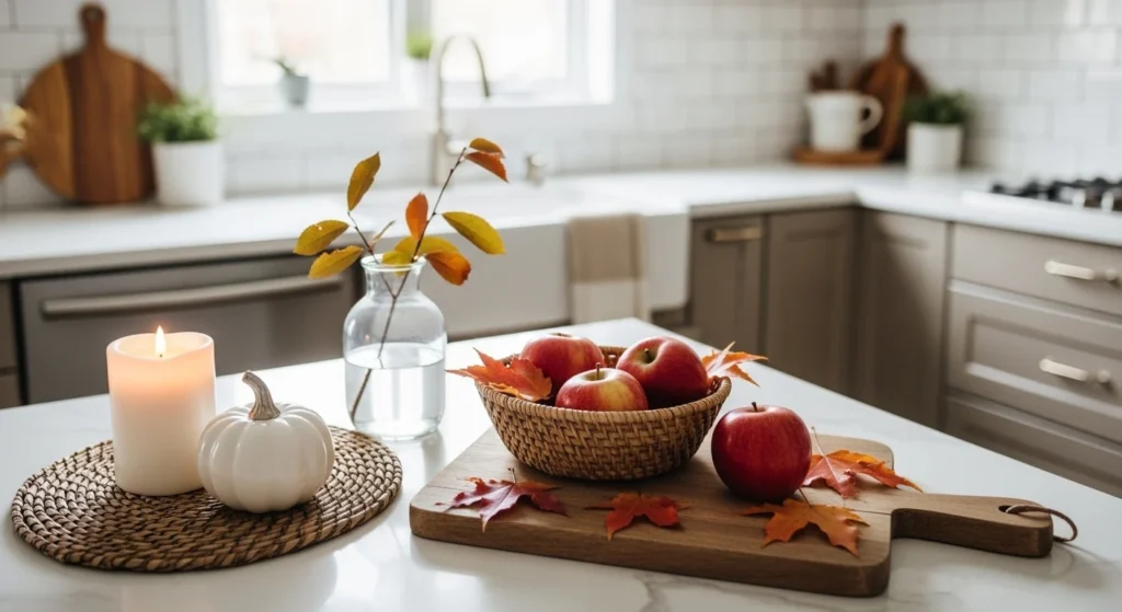 Kitchen counter styled with subtle seasonal decor elements