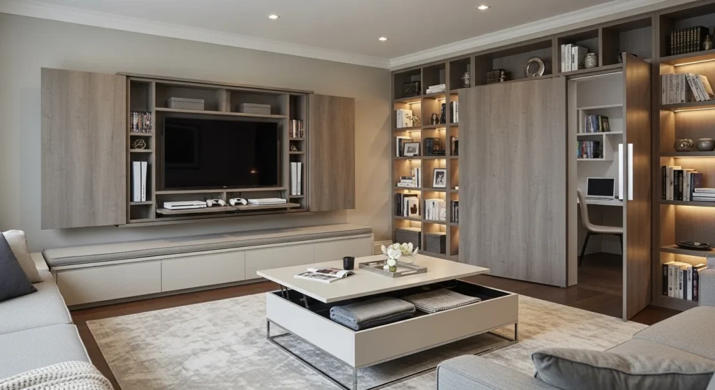 Living room with stylish hidden storage solutions
