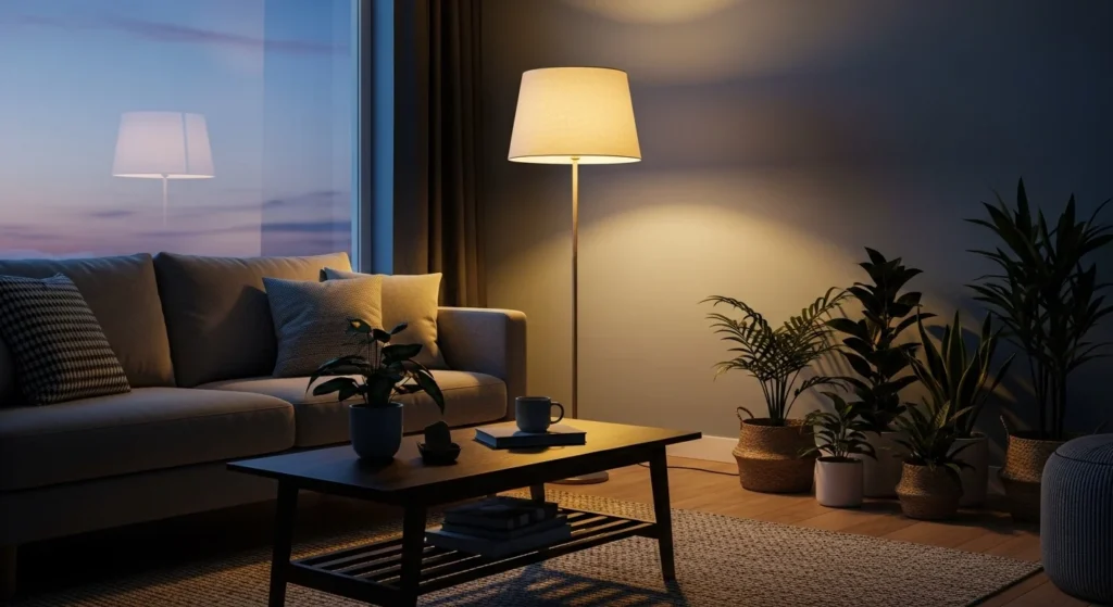 Ambient floor lamp creating soft warm glow in cozy living room