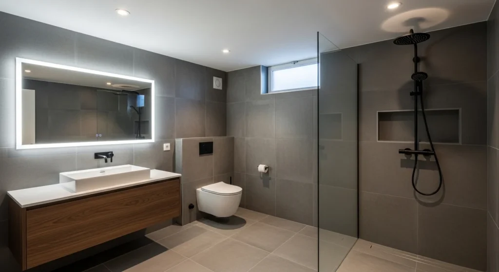 Basement bathroom with matte tiles and fixtures for a sleek modern look