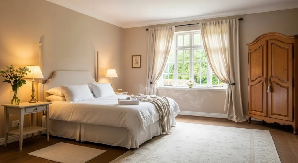 Timeless guest bedroom with neutral tones, classic furniture, and soft natural daylight