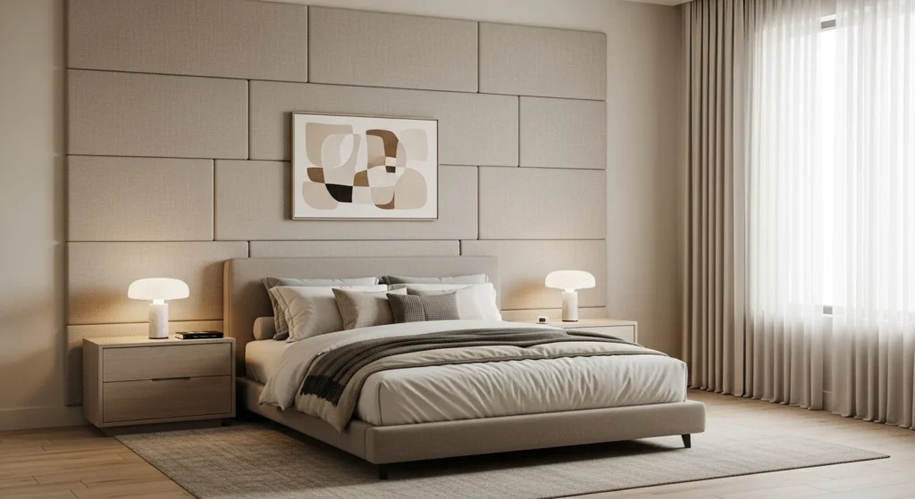 Bedroom featuring textured feature wall behind bed in neutral tones