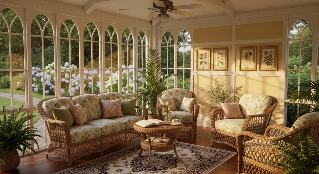 Vintage-inspired sunroom with classic furniture and sunlight