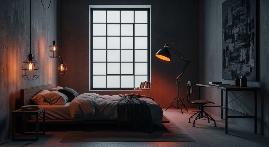 Moody bedroom with industrial elements and dark materials