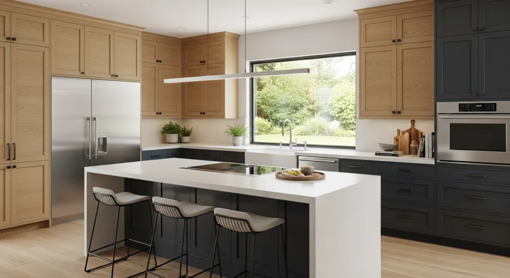 Two-tone kitchen combining oak cabinets with contrasting colors