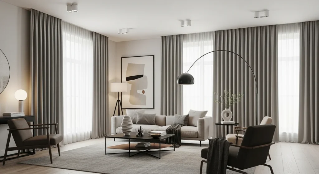 Living room with softly pleated curtains for elegant flow