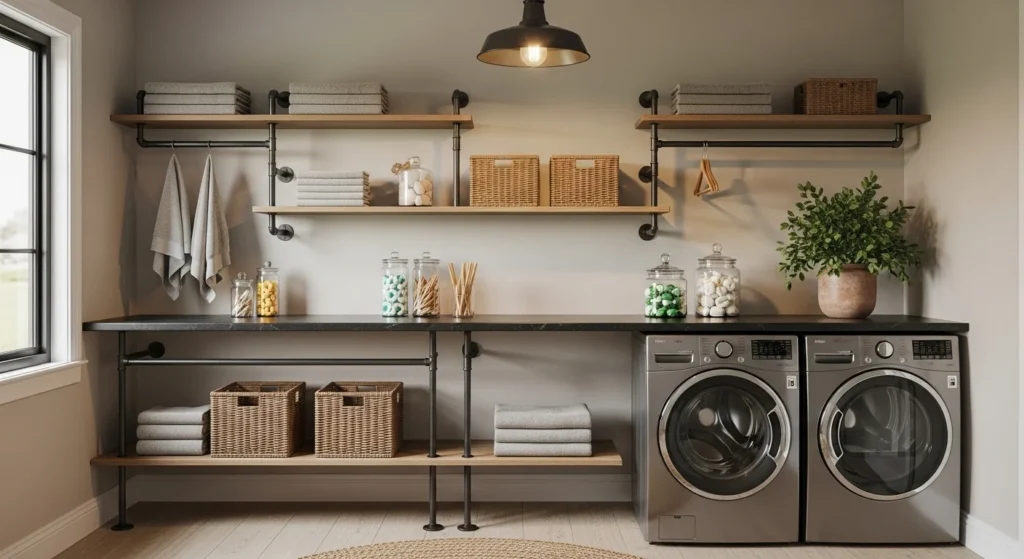 Laundry room with industrial pipe shelves for modern rustic storage