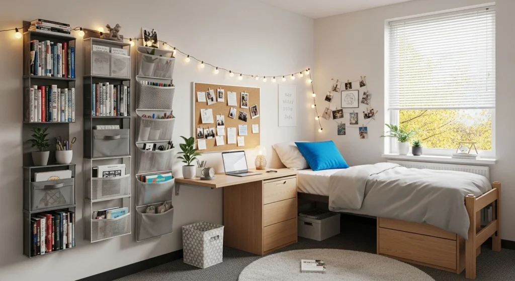 Dorm room with vertical wall storage organizers