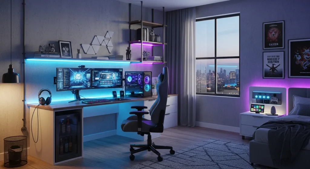 Boys bedroom with dedicated gaming corner, LED backlighting, and ergonomic chair