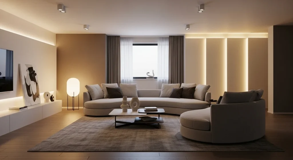 Modern living room featuring round sofa with curved design