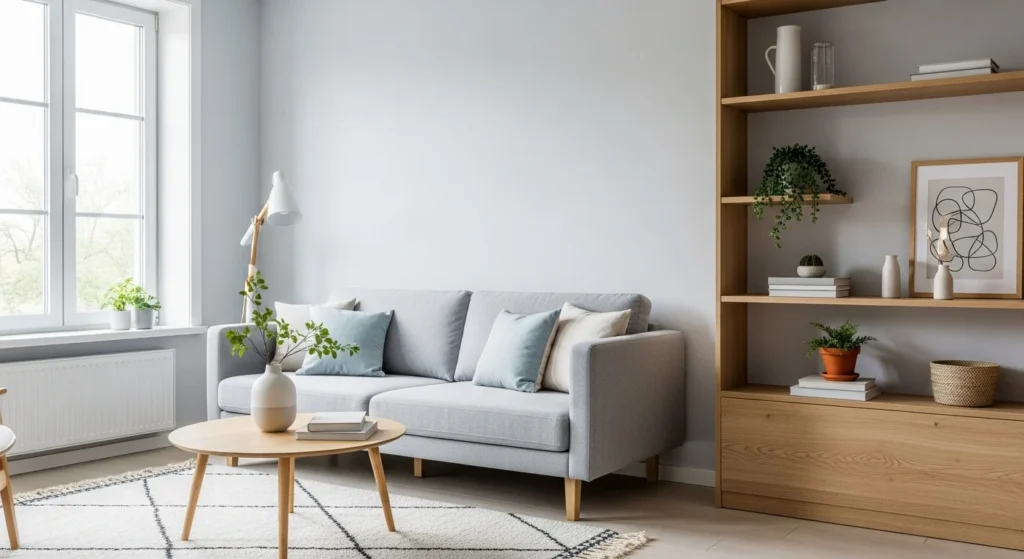 Scandinavian-style compact living room with light wood accents and bright natural light