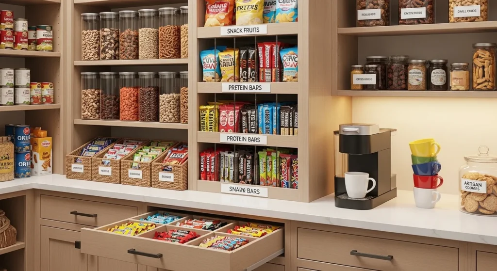 Kitchen pantry snack station with organized shelves for snacks